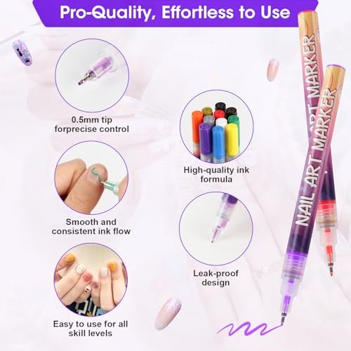 Pintada 24 Color 0.5mm Fine Tip Nail Art Pen Set - Non-Toxic, Quick-Drying Nail Art Markers with 26 Nail Stickers, Leak-Proof Design for DIY Nail Art, Greeting Cards, Object Painting & Holiday Doodling Avelisse