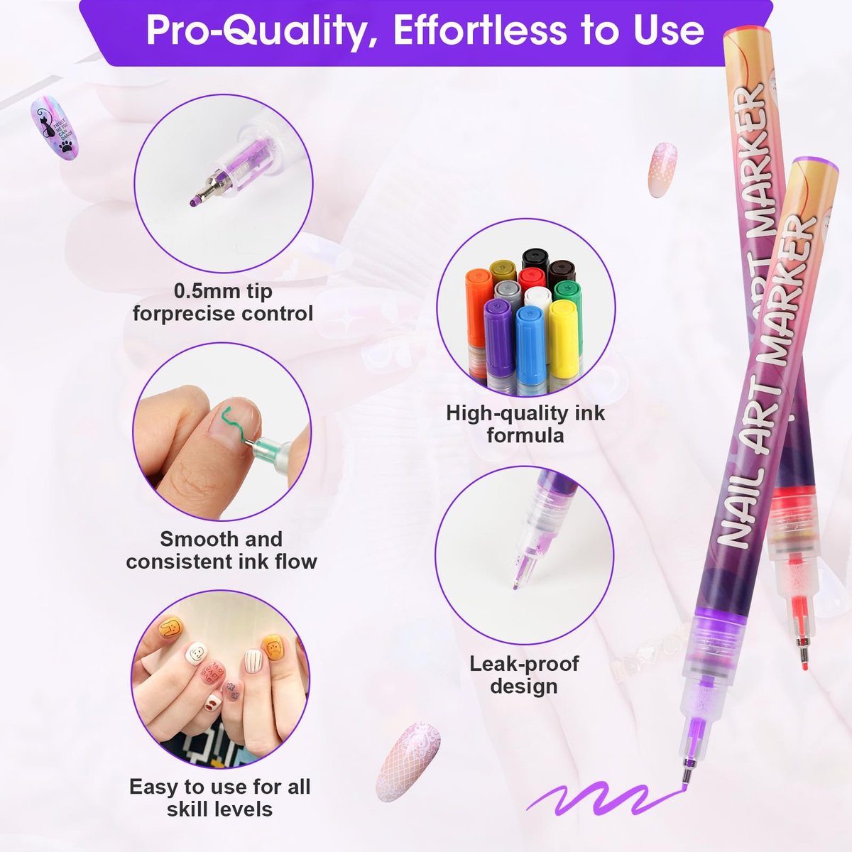 Pintada 24 Color 0.5mm Fine Tip Nail Art Pen Set - Non-Toxic, Quick-Drying Nail Art Markers with 26 Nail Stickers, Leak-Proof Design for DIY Nail Art, Greeting Cards, Object Painting & Holiday Doodling Avelisse