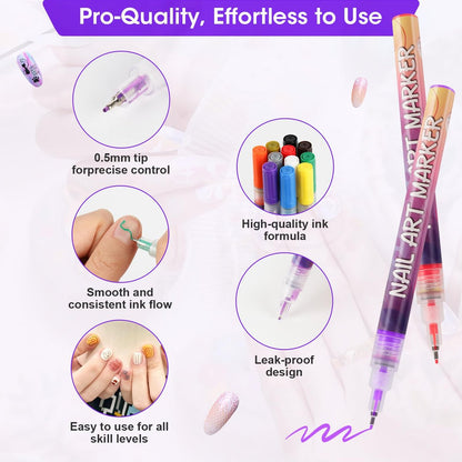 Pintada 24 Color 0.5mm Fine Tip Nail Art Pen Set - Non-Toxic, Quick-Drying Nail Art Markers with 26 Nail Stickers, Leak-Proof Design for DIY Nail Art, Greeting Cards, Object Painting & Holiday Doodling Avelisse