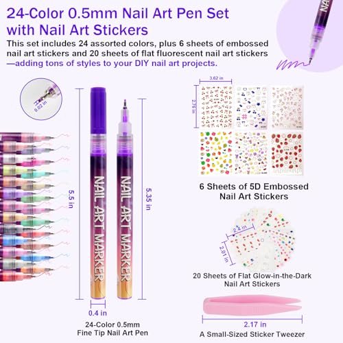 Pintada 24 Color 0.5mm Fine Tip Nail Art Pen Set - Non-Toxic, Quick-Drying Nail Art Markers with 26 Nail Stickers, Leak-Proof Design for DIY Nail Art, Greeting Cards, Object Painting & Holiday Doodling Avelisse