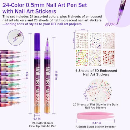 Pintada 24 Color 0.5mm Fine Tip Nail Art Pen Set - Non-Toxic, Quick-Drying Nail Art Markers with 26 Nail Stickers, Leak-Proof Design for DIY Nail Art, Greeting Cards, Object Painting & Holiday Doodling Avelisse