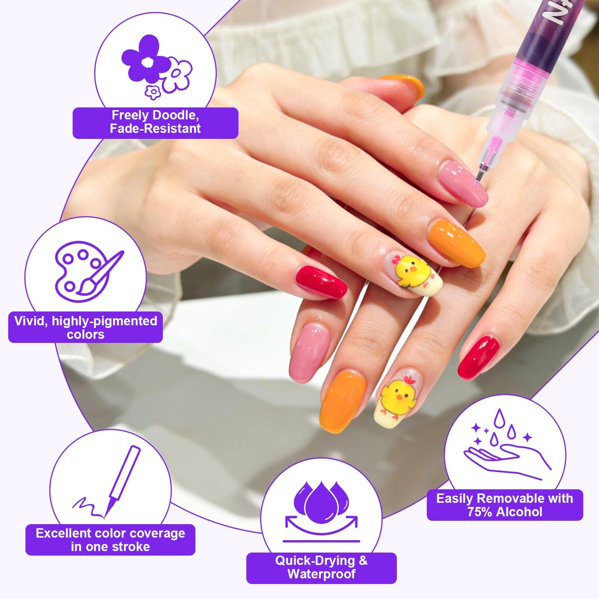 Pintada 24 Color 0.5mm Fine Tip Nail Art Pen Set - Non-Toxic, Quick-Drying Nail Art Markers with 26 Nail Stickers, Leak-Proof Design for DIY Nail Art, Greeting Cards, Object Painting & Holiday Doodling Avelisse