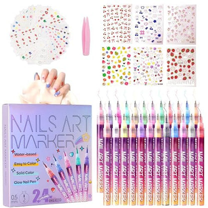 Pintada 24 Color 0.5mm Fine Tip Nail Art Pen Set - Non-Toxic, Quick-Drying Nail Art Markers with 26 Nail Stickers, Leak-Proof Design for DIY Nail Art, Greeting Cards, Object Painting & Holiday Doodling Avelisse