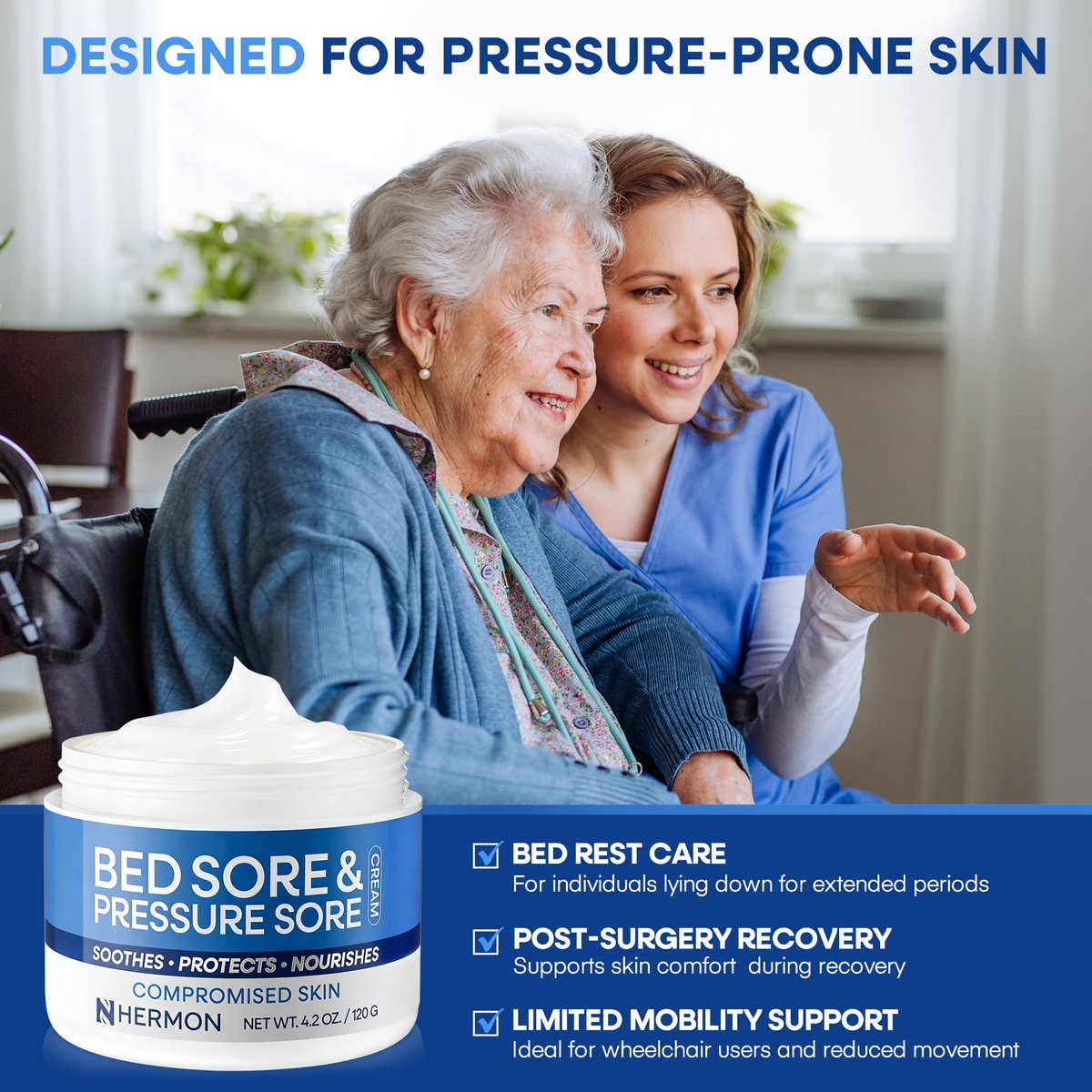 Hermon Bed Sore & Pressure Sore Fast Healing Cream – Skin Care for Compromised Skin, Helps Heal Bed Sores, Pressure Sores, Chafing, Minor Burns & Sunburn – 4.2 oz Avelisse
