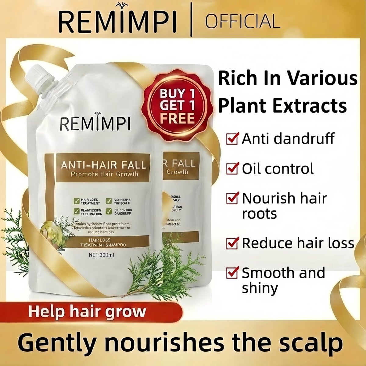 REMIMPI Authentic Anti Hair Loss Shampoo with Ginger & Ginseng - Dandruff & Oil Control, Hair Growth Shampoo, 10.14 Fl Oz (Pack of 2) Avelisse