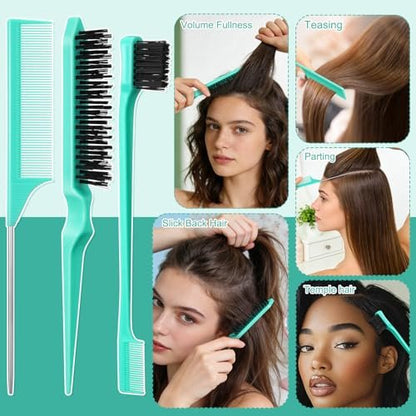 5 Pcs Slick Back Hair Brush Set - Boar Bristle Smoothing Brush with Edge Brush, Rat Tail Comb, Wide Tooth Comb for Men Women - Smooth Frizz & Flyaways - Green