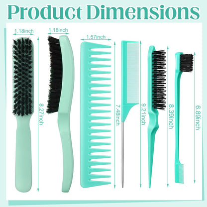 5 Pcs Slick Back Hair Brush Set - Boar Bristle Smoothing Brush with Edge Brush, Rat Tail Comb, Wide Tooth Comb for Men Women - Smooth Frizz & Flyaways - Green