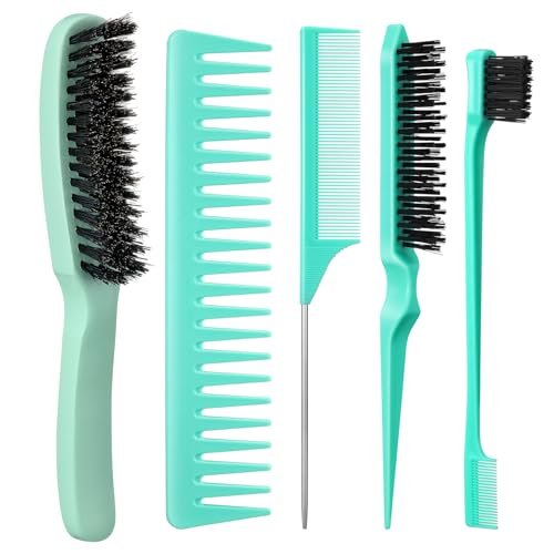 5 Pcs Slick Back Hair Brush Set - Boar Bristle Smoothing Brush with Edge Brush, Rat Tail Comb, Wide Tooth Comb for Men Women - Smooth Frizz & Flyaways - Green - görsel 2