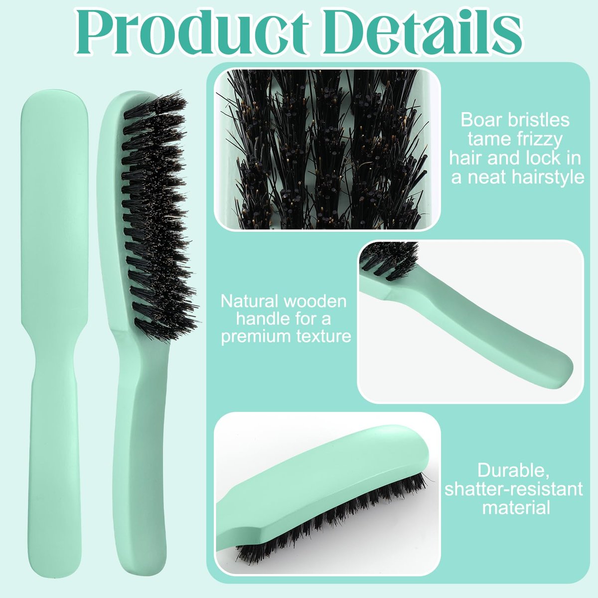 5 Pcs Slick Back Hair Brush Set - Boar Bristle Smoothing Brush with Edge Brush, Rat Tail Comb, Wide Tooth Comb for Men Women - Smooth Frizz & Flyaways - Green - görsel 11