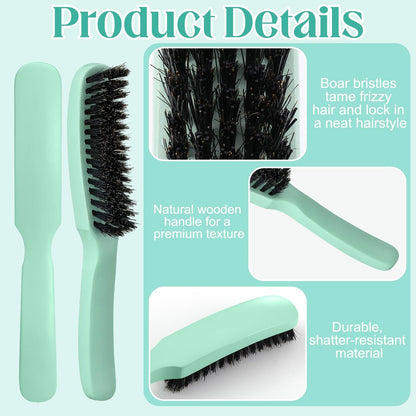 5 Pcs Slick Back Hair Brush Set - Boar Bristle Smoothing Brush with Edge Brush, Rat Tail Comb, Wide Tooth Comb for Men Women - Smooth Frizz & Flyaways - Green