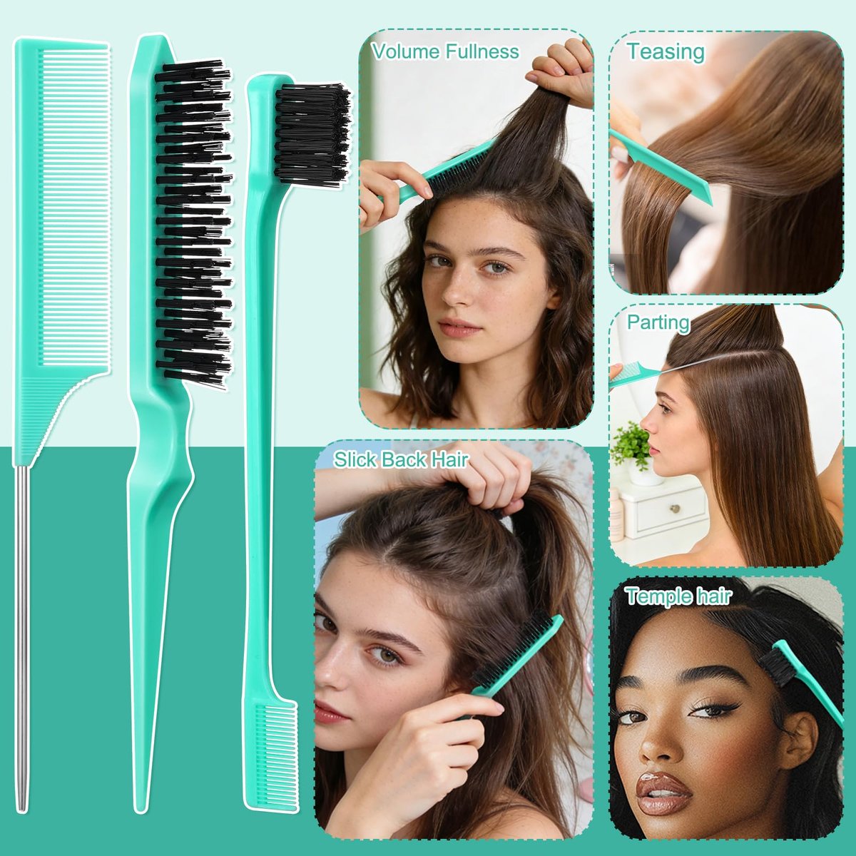 5 Pcs Slick Back Hair Brush Set - Boar Bristle Smoothing Brush with Edge Brush, Rat Tail Comb, Wide Tooth Comb for Men Women - Smooth Frizz & Flyaways - Green - görsel 7