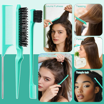 5 Pcs Slick Back Hair Brush Set - Boar Bristle Smoothing Brush with Edge Brush, Rat Tail Comb, Wide Tooth Comb for Men Women - Smooth Frizz & Flyaways - Green