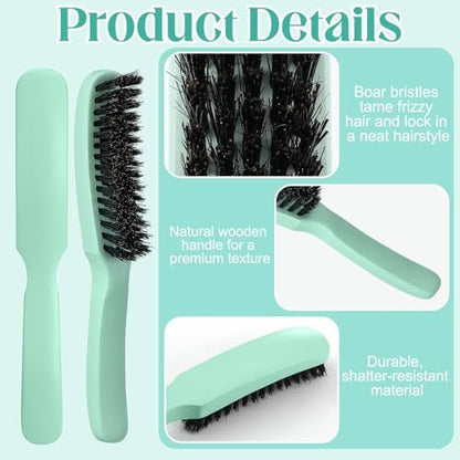5 Pcs Slick Back Hair Brush Set - Boar Bristle Smoothing Brush with Edge Brush, Rat Tail Comb, Wide Tooth Comb for Men Women - Smooth Frizz & Flyaways - Green