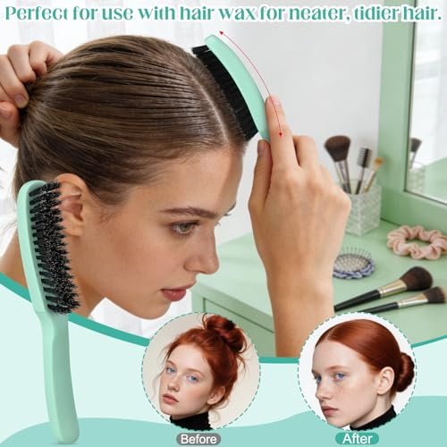 5 Pcs Slick Back Hair Brush Set - Boar Bristle Smoothing Brush with Edge Brush, Rat Tail Comb, Wide Tooth Comb for Men Women - Smooth Frizz & Flyaways - Green - görsel 6