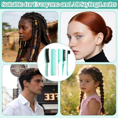 5 Pcs Slick Back Hair Brush Set - Boar Bristle Smoothing Brush with Edge Brush, Rat Tail Comb, Wide Tooth Comb for Men Women - Smooth Frizz & Flyaways - Green