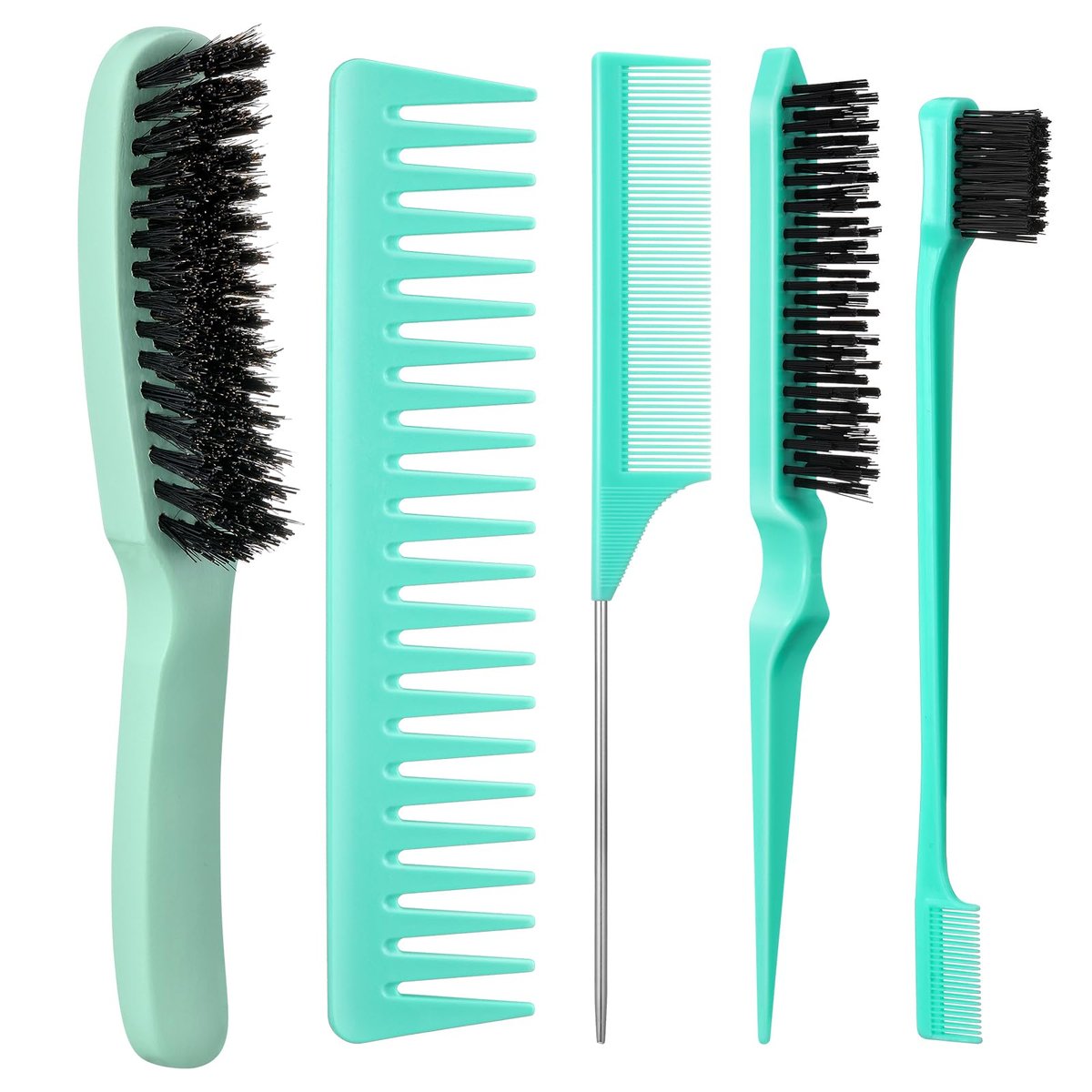 5 Pcs Slick Back Hair Brush Set - Boar Bristle Smoothing Brush with Edge Brush, Rat Tail Comb, Wide Tooth Comb for Men Women - Smooth Frizz & Flyaways - Green - görsel 1