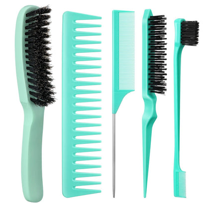 5 Pcs Slick Back Hair Brush Set - Boar Bristle Smoothing Brush with Edge Brush, Rat Tail Comb, Wide Tooth Comb for Men Women - Smooth Frizz & Flyaways - Green