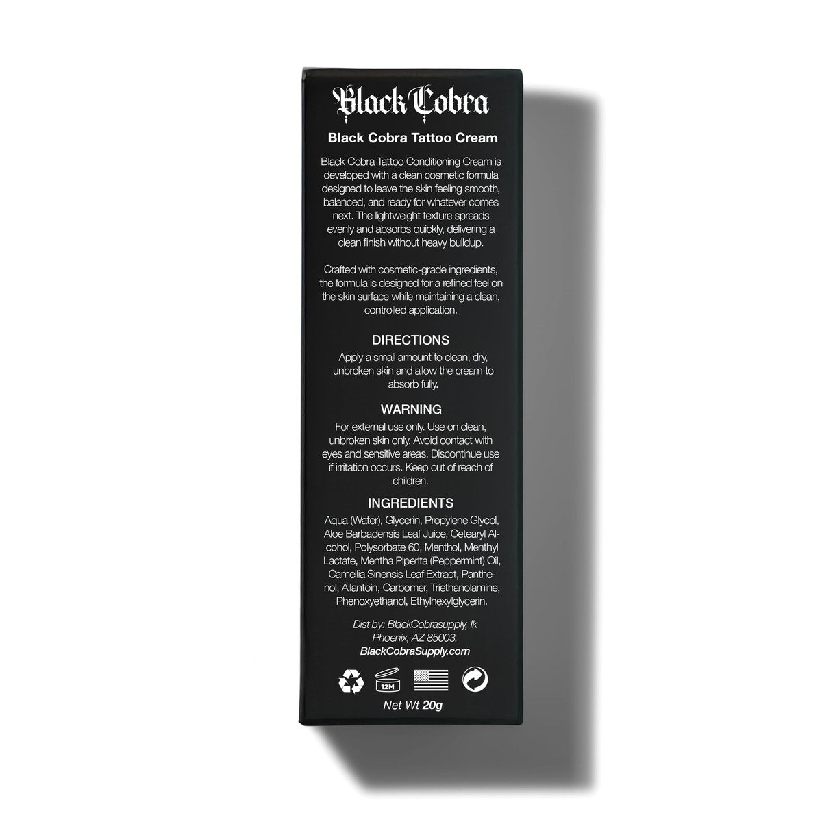 Black Cobra Tattoo Cream – Premium Lightweight Fast Absorbing Formula for Tattooed Skin – 20g Tube Avelisse