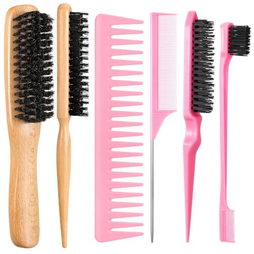 6-Piece Boar Bristle Slick Back Hair Brush Set – Smoothing Brush for Frizz & Flyaways, Rat Tail Comb & Edge Brush for Men & Women Avelisse
