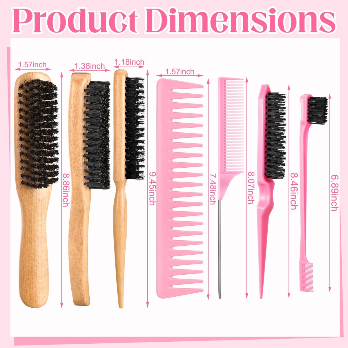 6-Piece Boar Bristle Slick Back Hair Brush Set – Smoothing Brush for Frizz & Flyaways, Rat Tail Comb & Edge Brush for Men & Women Avelisse