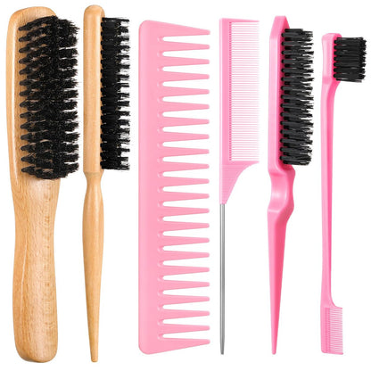 6-Piece Boar Bristle Slick Back Hair Brush Set – Smoothing Brush for Frizz & Flyaways, Rat Tail Comb & Edge Brush for Men & Women Avelisse