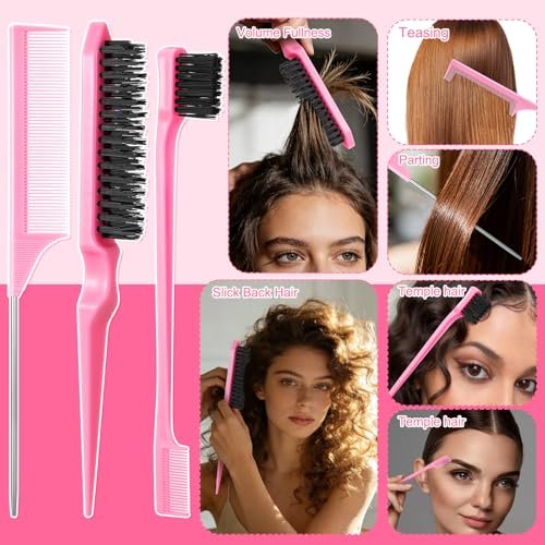 6-Piece Boar Bristle Slick Back Hair Brush Set – Smoothing Brush for Frizz & Flyaways, Rat Tail Comb & Edge Brush for Men & Women Avelisse