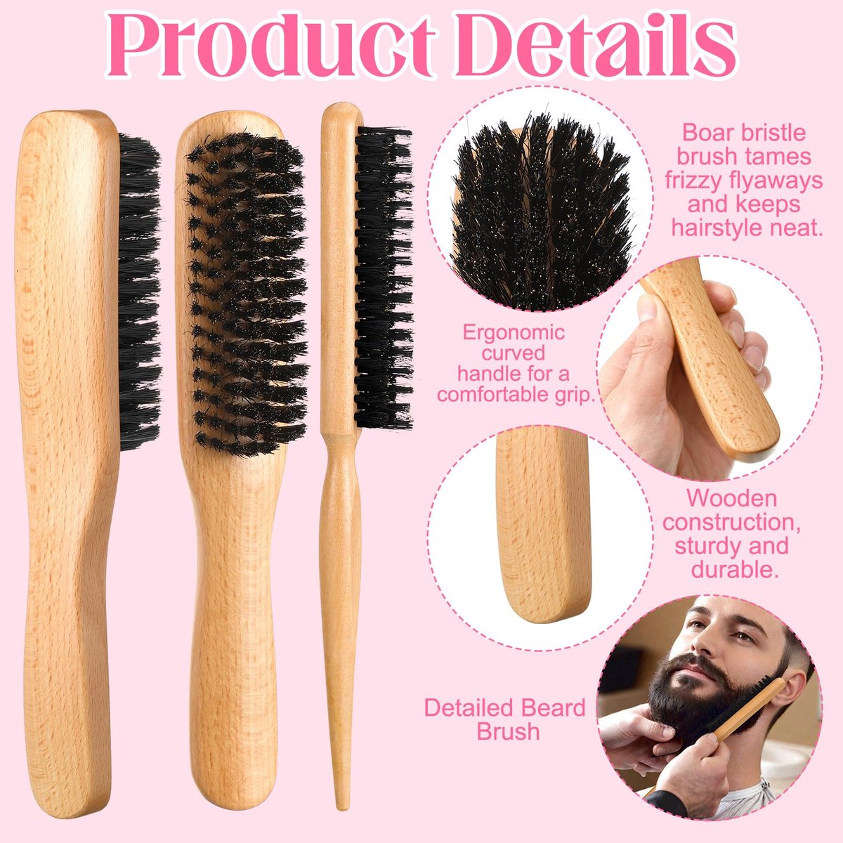 6-Piece Boar Bristle Slick Back Hair Brush Set – Smoothing Brush for Frizz & Flyaways, Rat Tail Comb & Edge Brush for Men & Women Avelisse