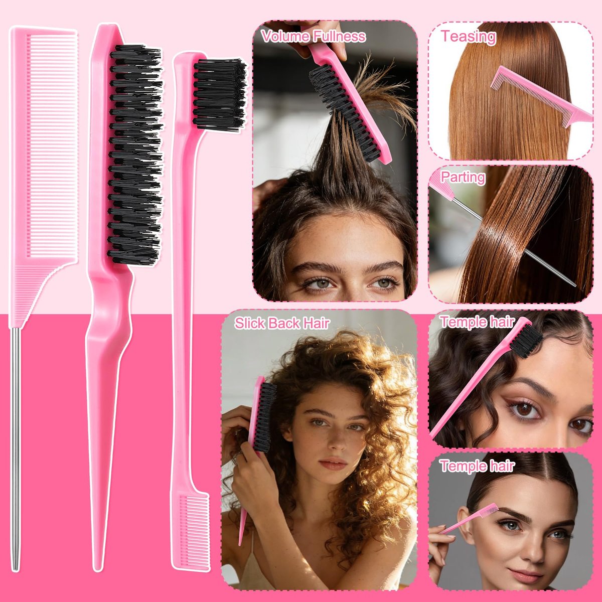 6-Piece Boar Bristle Slick Back Hair Brush Set – Smoothing Brush for Frizz & Flyaways, Rat Tail Comb & Edge Brush for Men & Women Avelisse