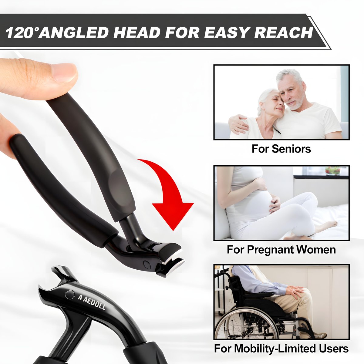 Upgraded Toenail Clippers for Seniors - Ergonomic Long Handled Nail Trimmer, Heavy Duty Thick Nail Cutter with Built-in Nail Catcher (Black, Stainless Steel) Avelisse