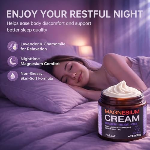 FLYLEAF Magnesium Cream for Sleep, Leg Cramps & Muscle Soreness - Topical Magnesium Chloride with Lavender & Chamomile, Nighttime Body Lotion for Calm and Relaxation, 4.23 oz Avelisse