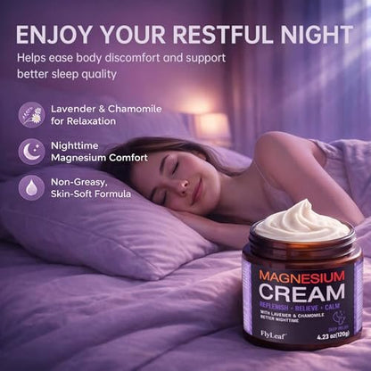 FLYLEAF Magnesium Cream for Sleep, Leg Cramps & Muscle Soreness - Topical Magnesium Chloride with Lavender & Chamomile, Nighttime Body Lotion for Calm and Relaxation, 4.23 oz Avelisse