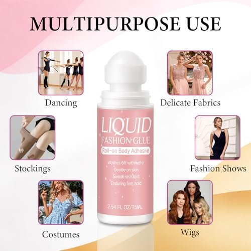 Body Glue for Clothes & Skin Roll On 2.54 Oz – Sweat Resistant & Long Lasting Body Adhesive for Dancers, Stagewear, Wigs, Socks, Bras, Leotards & Costumes – Skin-Friendly Clear Glue by Lubynia - görsel 14