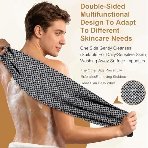 Blissal Exfoliating Shower Towel - 2-in-1 Deep Exfoliating Scrub Wash Cloth for Body & Face, Premium Cotton Loofah for All Skin Types, Women and Men, Black+Pink, 48”x11” Avelisse