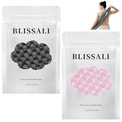 Blissal Exfoliating Shower Towel - 2-in-1 Deep Exfoliating Scrub Wash Cloth for Body & Face, Premium Cotton Loofah for All Skin Types, Women and Men, Black+Pink, 48”x11” Avelisse