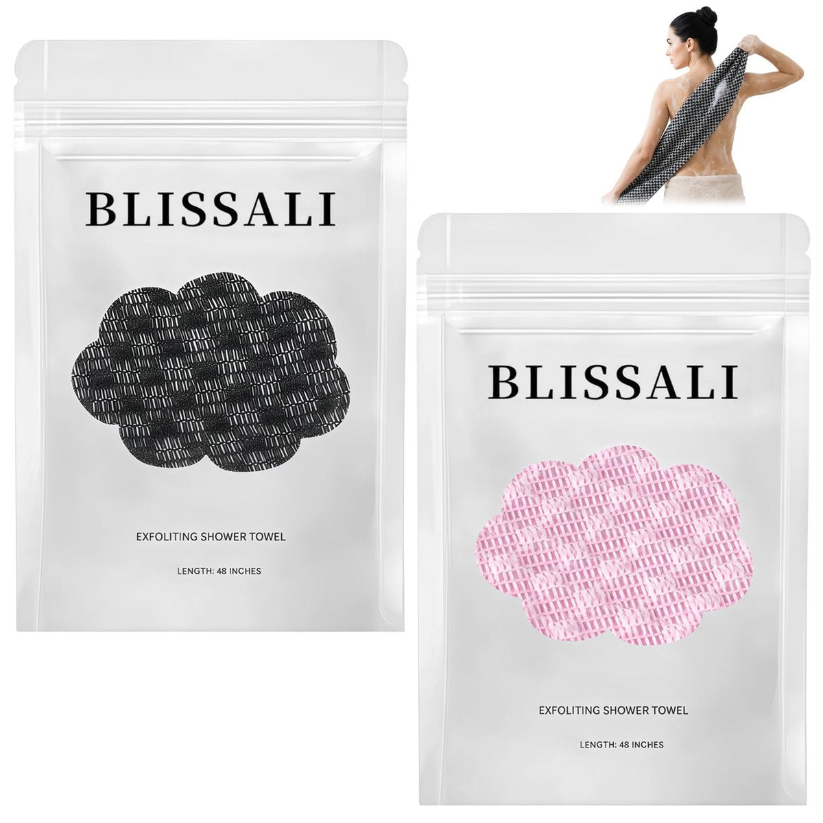 Blissal Exfoliating Shower Towel - 2-in-1 Deep Exfoliating Scrub Wash Cloth for Body & Face, Premium Cotton Loofah for All Skin Types, Women and Men, Black+Pink, 48”x11” Avelisse