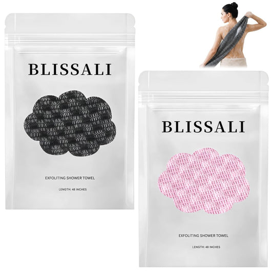 Blissal Exfoliating Shower Towel - 2-in-1 Deep Exfoliating Scrub Wash Cloth for Body & Face, Premium Cotton Loofah for All Skin Types, Women and Men, Black+Pink, 48”x11” Avelisse