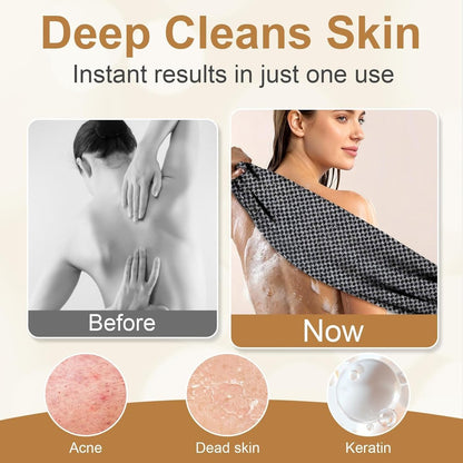 Blissal Exfoliating Shower Towel - 2-in-1 Deep Exfoliating Scrub Wash Cloth for Body & Face, Premium Cotton Loofah for All Skin Types, Women and Men, Black+Pink, 48”x11” Avelisse