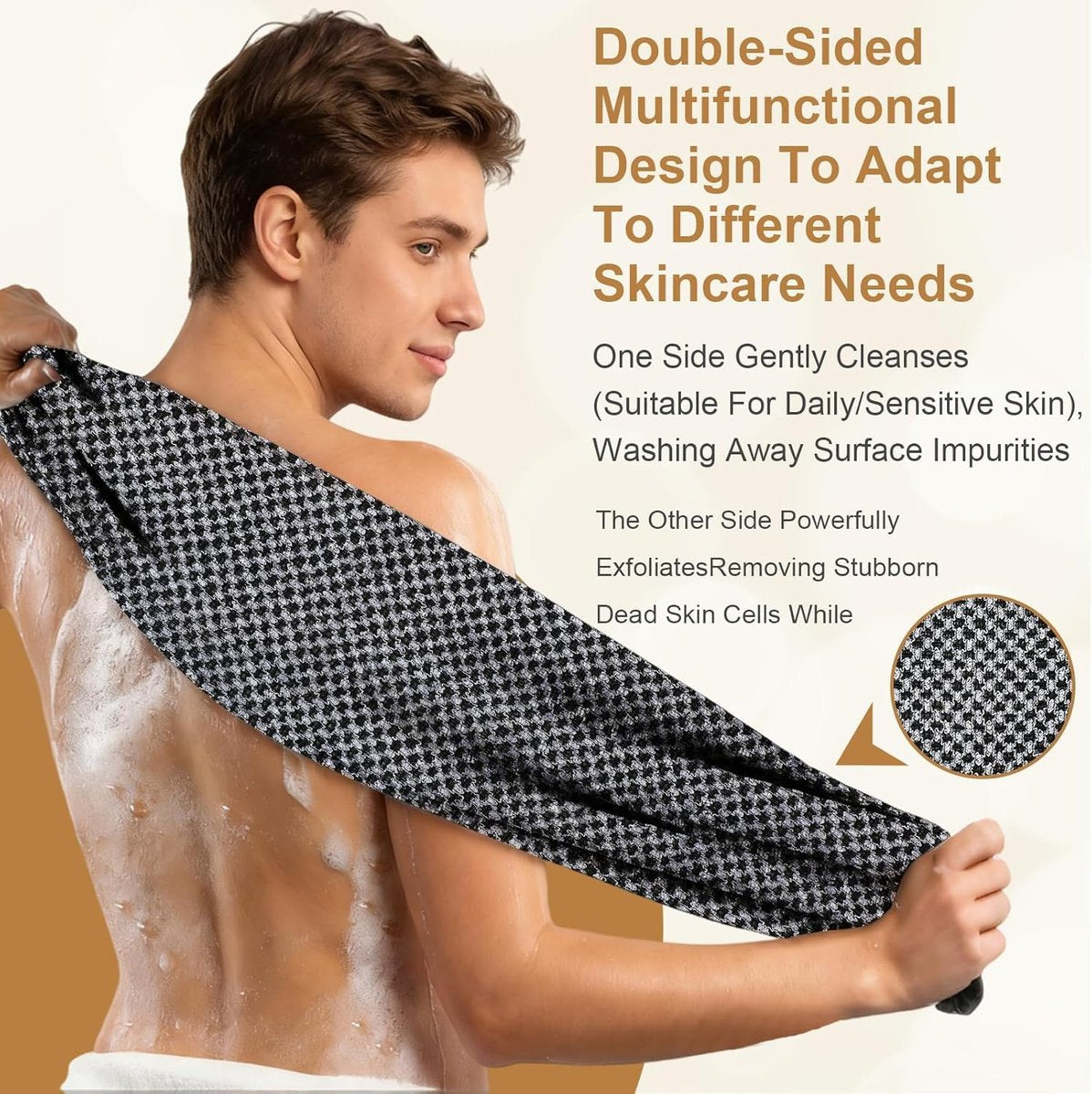 Blissal Exfoliating Shower Towel - 2-in-1 Deep Exfoliating Scrub Wash Cloth for Body & Face, Premium Cotton Loofah for All Skin Types, Women and Men, Black+Pink, 48”x11” Avelisse