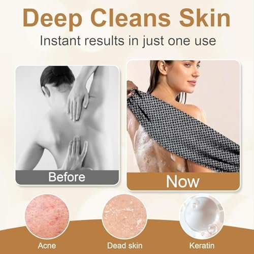 Blissal Exfoliating Shower Towel - 2-in-1 Deep Exfoliating Scrub Wash Cloth for Body & Face, Premium Cotton Loofah for All Skin Types, Women and Men, Black+Pink, 48”x11” Avelisse