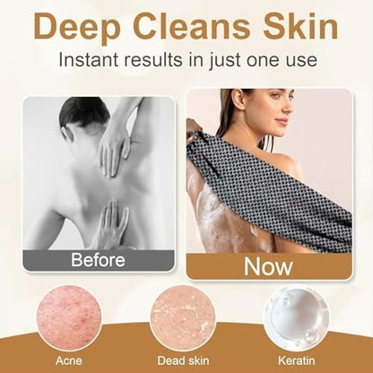 Blissal Exfoliating Shower Towel - 2-in-1 Deep Exfoliating Scrub Wash Cloth for Body & Face, Premium Cotton Loofah for All Skin Types, Women and Men, Black+Pink, 48”x11” Avelisse