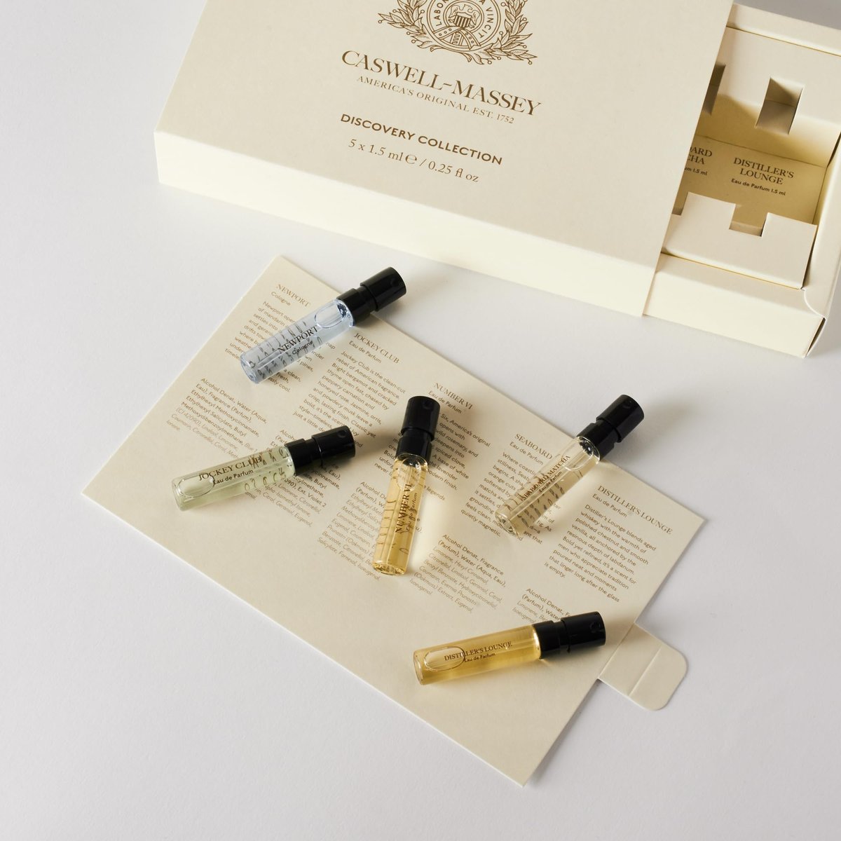 Caswell-Massey Fragrance Discovery Collection for Men – 5-Piece Sample Set – Number Six, Jockey Club, Newport, Distiller’s Lounge & Seaboard Matcha Avelisse