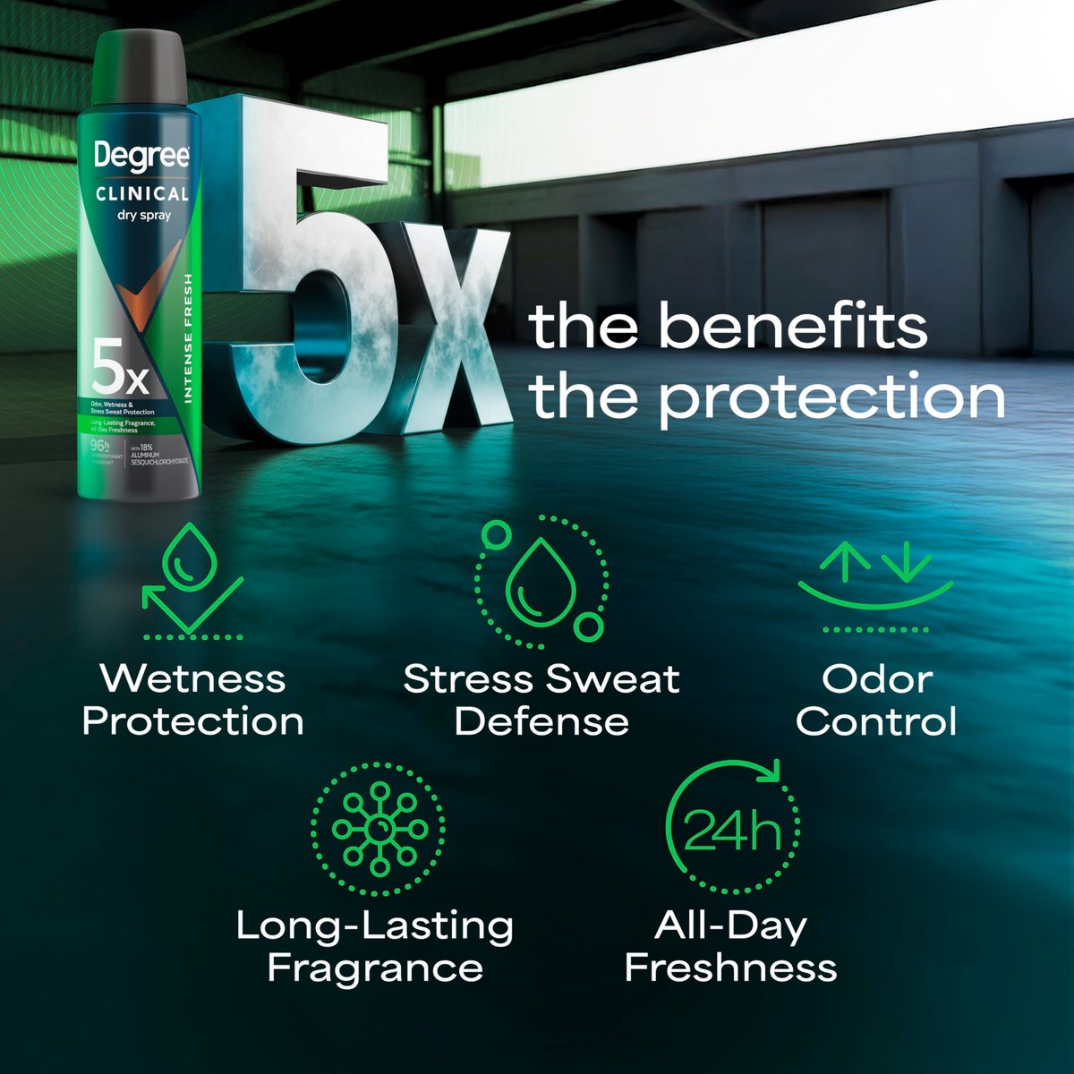 Degree Clinical Strength Antiperspirant Deodorant Intense Fresh Dry Spray 96-Hour Sweat and Odor Protection 3.8 OZ - görsel 7