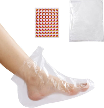 Plastic Disposable Foot Moisturizing Socks – 300 Count Paraffin Wax Spa Bags with 320 Secure Closure Stickers | Waterproof Liners for Pedicure & Dry Skin Treatment, Clear