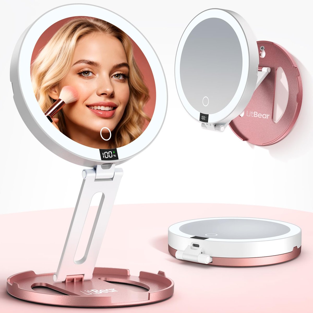 LitBear Travel Mirror with Lights - Foldable Double-Sided 10X/1X Magnifying Mirror, Rechargeable & Portable Lighted Makeup Mirror, 3 Color Lighting, Dimmable Touch Screen, Smart Display Avelisse