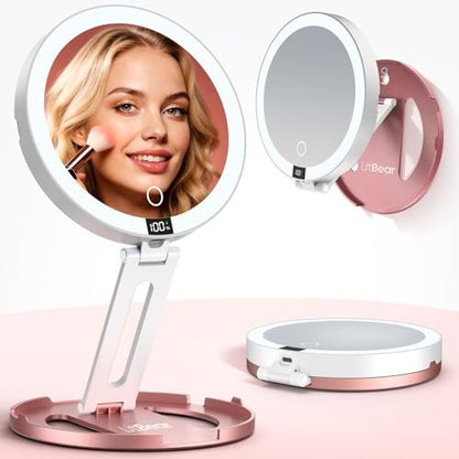 LitBear Travel Mirror with Lights - Foldable Double-Sided 10X/1X Magnifying Mirror, Rechargeable & Portable Lighted Makeup Mirror, 3 Color Lighting, Dimmable Touch Screen, Smart Display Avelisse