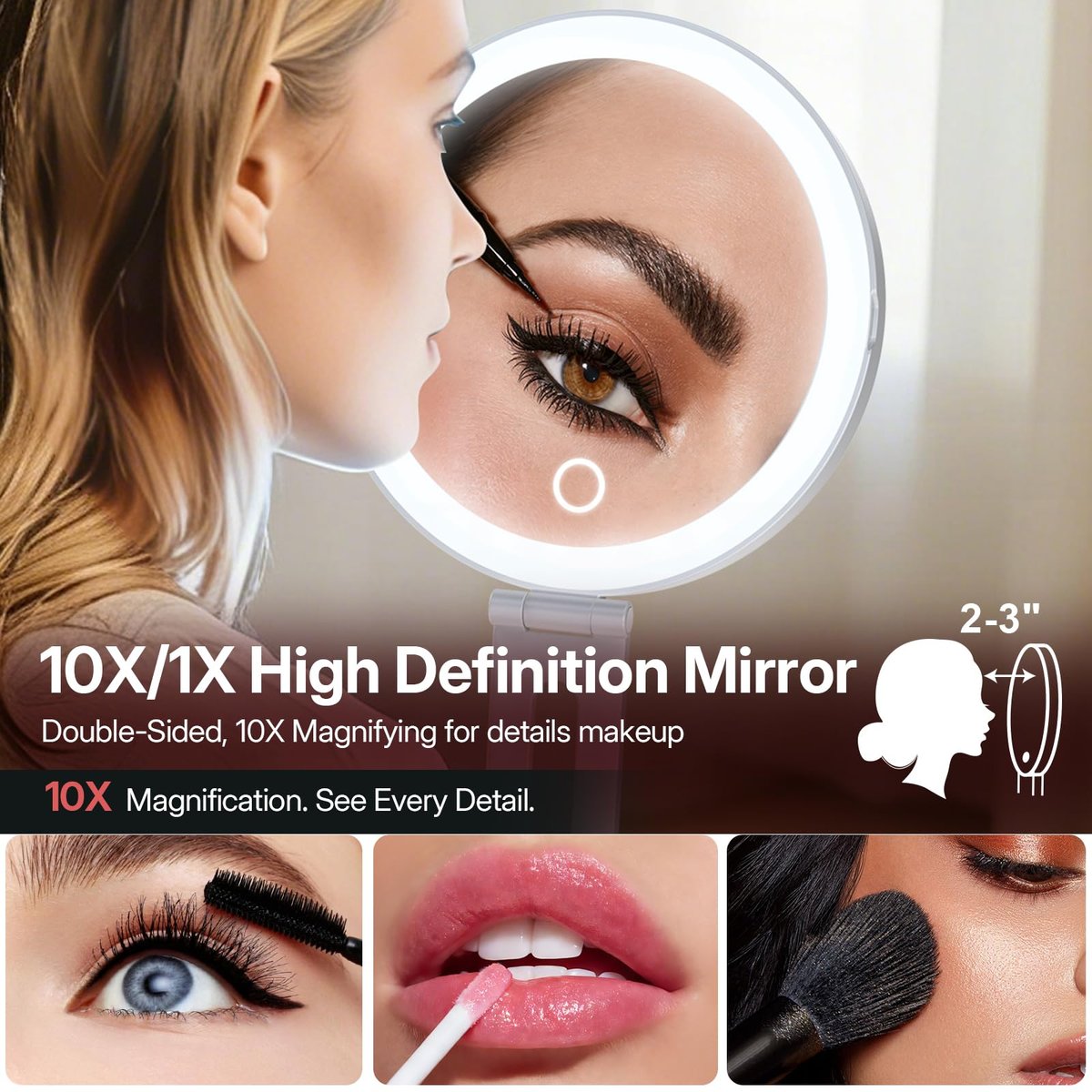 LitBear Travel Mirror with Lights - Foldable Double-Sided 10X/1X Magnifying Mirror, Rechargeable & Portable Lighted Makeup Mirror, 3 Color Lighting, Dimmable Touch Screen, Smart Display Avelisse