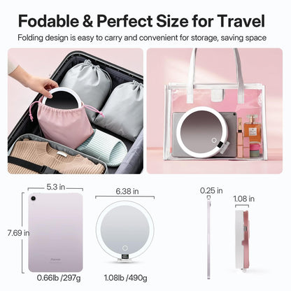 LitBear Travel Mirror with Lights - Foldable Double-Sided 10X/1X Magnifying Mirror, Rechargeable & Portable Lighted Makeup Mirror, 3 Color Lighting, Dimmable Touch Screen, Smart Display Avelisse