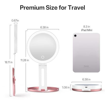 LitBear Travel Mirror with Lights - Foldable Double-Sided 10X/1X Magnifying Mirror, Rechargeable & Portable Lighted Makeup Mirror, 3 Color Lighting, Dimmable Touch Screen, Smart Display Avelisse