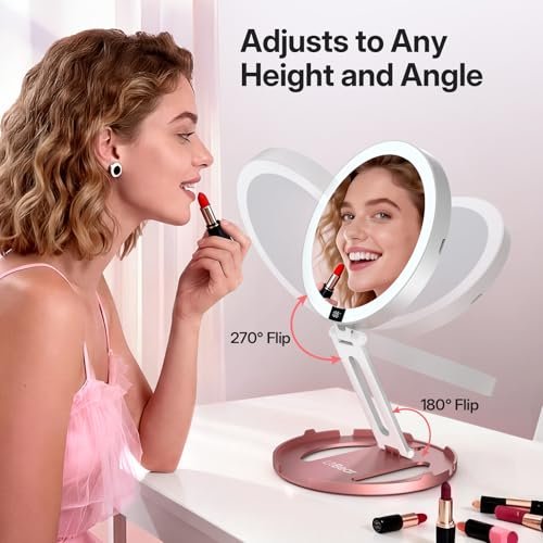 LitBear Travel Mirror with Lights - Foldable Double-Sided 10X/1X Magnifying Mirror, Rechargeable & Portable Lighted Makeup Mirror, 3 Color Lighting, Dimmable Touch Screen, Smart Display Avelisse