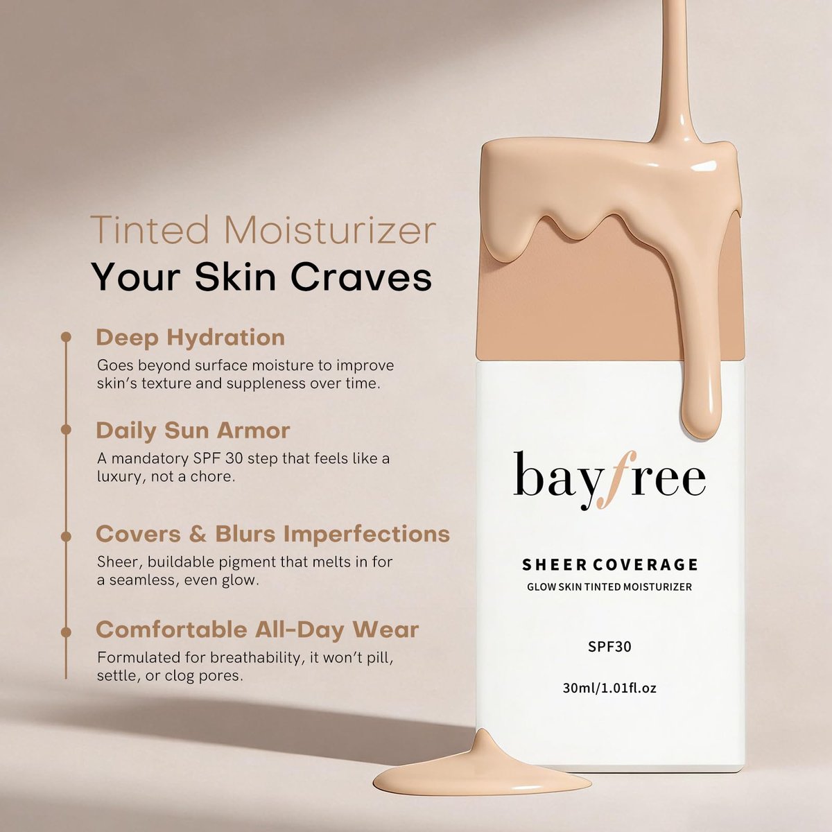 Bayfree Glow Skin Tinted Moisturizer with SPF 30 - Natural Beige, Lightweight Sheer Coverage, Long Lasting Hydration, Vegan Korean Makeup Avelisse